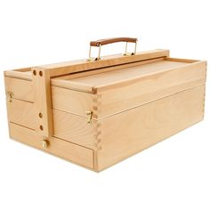 a large wooden box with handles and latches on the lid is shown in front of a white background