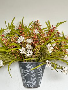 a potted plant with white flowers and green leaves on the outside, against a white wall