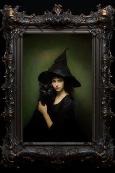 a painting of a woman with a cat in her lap and wearing a witches hat