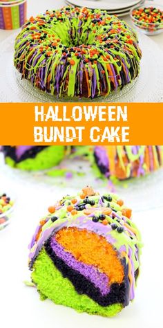 a halloween bundt cake with sprinkles on it and the words, halloween bundt cake