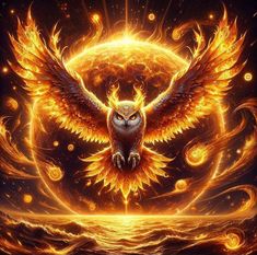 an owl flying through the air with its wings spread out, surrounded by fire and stars