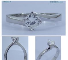 three different views of an engagement ring with a diamond in the center and on the side