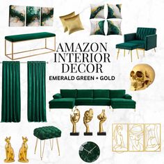 an interior design board with green and gold accents, including couches, chairs, tables, and other items