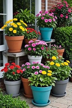 many potted flowers are lined up in front of a window