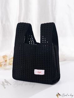 Bird in Bag - Lightweight Foldable White Knitted Tote Bag with Breathable Contrast Color Accents Rectangular Knit Crochet Bag For Daily Use, Daily Use Crochet Knit Bag, Everyday Rectangular Crochet Knit Bag, Black Knitted Crochet Tote Bag, Black Knitted Everyday Bags, Knitted Tote Bag, Bags Pattern, Knitting Tote Bag, Knitting Tote