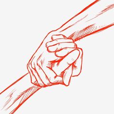 a drawing of two hands holding each other over a piece of paper with red ink