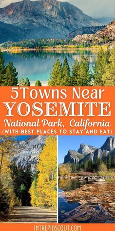 the national park with trees and mountains in the background is featured on this postcard for 5 towns near yosemite