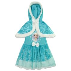 the frozen princess dress is shown in blue and has a hoodie with an attached scarf