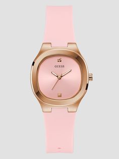 Pink analog watch Rose gold-tone case Minimalist dial Crystal accent Pink silicon strap Case diameter in mm: 38 Water resistant up to 50 m/ 160 ft 2 year limited warranty Modern Pink Round Dial Watches, Modern Pink Analog Watch, Modern Pink Watches With Diamond Hour Markers, Watch Trends, Jeans Logo, Rose Gold Watches, Analog Watch, The Pink, Accessories Watches