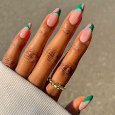 20 March Nail Ideas to Embrace Spring Without Going Full Leprechaun Nail Polish Ideas Green And Pink, Trendy Nails Right Now, Blue Green Summer Nails, Pink And Green French Tip Nails, Summer Green Nails Designs, Pastel Yellow Nails Design, French Tip Nails Colorful, Nails Summer Green, Natural Summer Nails