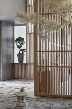 a bonsai tree sits in the corner of a room with an open bamboo door