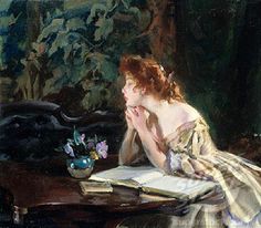 a painting of a woman sitting at a table with an open book in front of her