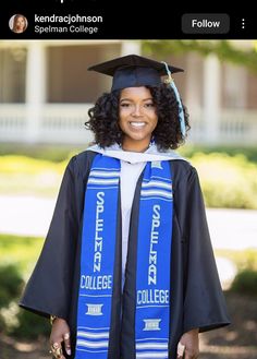 a woman wearing a blue graduation cap and gown with her name written on the front