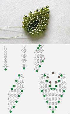 the instructions for making beaded earrings are shown in green and white beads, along with two