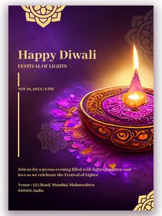 happy diwali festival of lights flyer with candle on purple and gold plated background