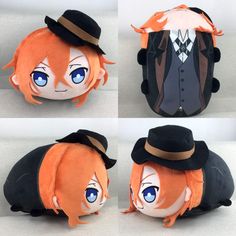 four different views of an orange haired man wearing a top hat and black suit with blue eyes