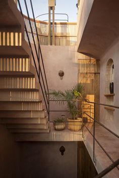 an indoor area with stairs and potted plants