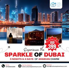 an advertisement for a spa resort in the middle of dubai, with images of hotels and nights