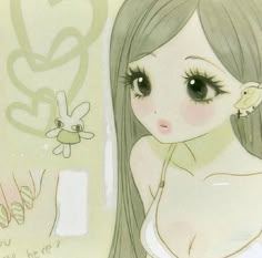 a drawing of a girl with long hair next to a wall and a bee on it