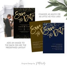 save the date cards with gold foil lettering and an elegant navy blue background are on display