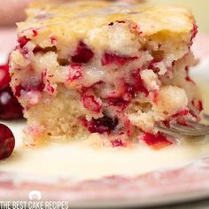 a piece of cranberry cobbler on a plate with a fork