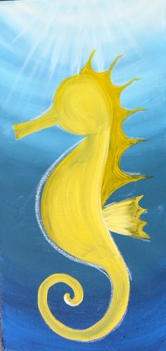 a painting of a yellow sea horse on a blue background with the sun shining above it