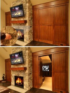 two pictures of a fireplace with wood paneling and stone surround it, one showing the fire place