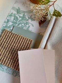 Collection of colour swatches including Hua trees wallpaper in dusty green by Sian Zeng Interior Mood Board, Tree Wallpaper Mural, Contrasting Textures