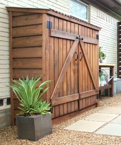 two pictures side by side showing the inside and outside of a shed with tools in it