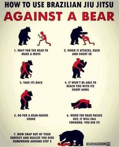 a poster with instructions on how to use brazilian ji jitsu against a bear in various ways