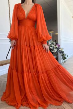 Women V-Neck Prom Dresses Long A-Line Evening Party Dress YPD052 – YFIMP Beauty Pageant Dresses, Orange Chiffon, Floor Length Prom Dresses, Long Sleeve Prom, Evening Party Gowns, Prom Dresses Modest, Beauty Dress, Pageant Dress, Prom Dresses With Sleeves