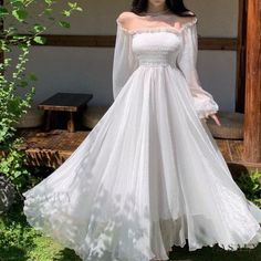 Lasaky - White Off-Shoulder Tea-Length Dress with Cinched Waist and Long Sleeves Tulle Dress Long Sleeve, Fairy Prom Dress, White Tulle Dress, Beach Holiday Dresses, Fairytale Dress, Tea Length Dresses, Prom Dresses Long With Sleeves, Summer Party Dress, Fairy Dress