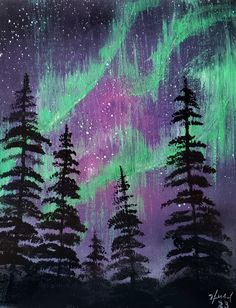 an aurora bore painting on canvas with trees in the foreground and stars in the background