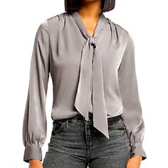 Express Relaxed Satin Long Sleeve Tie Neck Portofino Shirt In Grey Nwt Size: Xl (See Measurements In Photos) ***Pls Note: The Pictures Of The Brown Shirt Are Just For Reference Of How The Blouse Looks Like, The Shirt I Have Is In Grey*** This Shirt Is Perfect For Any Occasion And Super Soft And Excellent Condition. Brand New Can Be Paired With Any Outfit, Any Shoes For Any Occasion Elegant Gray Long Sleeve Tops, Elegant Long Sleeve Gray Tops, Classic Gray Formal Tops, Spring Gray Blouse For Office, Chic Gray V-neck Blouse, Gray Blouse For Office In Spring, Spring Gray Office Blouse, Gray Formal Tops For Fall, Chic Gray Long Sleeve Blouse