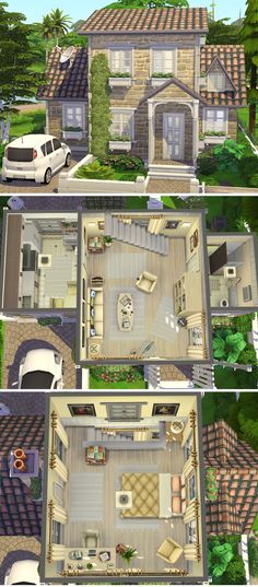 three different views of a house from the top to bottom, with cars parked in front and