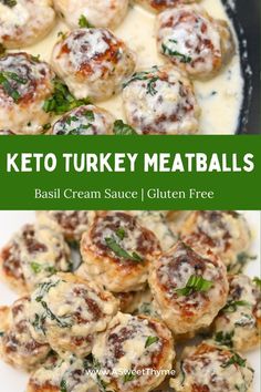 Tender, juicy, and savory, these oven-baked Keto Turkey Meatballs have a flavorful basil cream sauce that results in pure comfort food with only 4 grams of net carbs. Great for an appetizer, main course, Thanksgiving, Christmas, or even New Years! Keto Turkey Meatballs, Turkey Meatball Sauce, Low Carb Turkey Meatballs, Gluten Free Turkey Meatballs, Basil Cream Sauce, Keto Turkey, Turkey Meatballs Healthy, Easy Casserole Dishes, Turkey Meatballs Baked