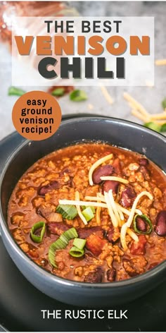 the best venison chili recipe in a black bowl