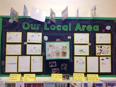 a bulletin board with lots of pictures and writing on it that says our local area