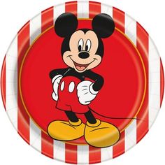 a mickey mouse paper plate with red and white stripes