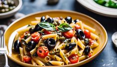 a yellow bowl filled with pasta and olives on top of a table next to silverware