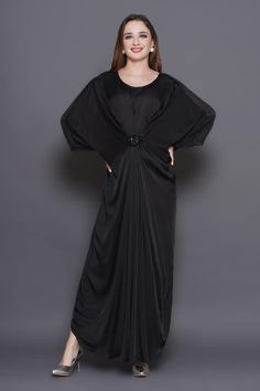 Black draped maxi kaftan crafted in modal satin, organza with sequin-beads embellished patchwork on the waist and pleats detailing. - Aza Fashions Elegant Abaya With Cape Sleeves For Evening, Elegant Evening Abaya With Cape Sleeves, Elegant Evening Maxi Dress For Eid, Elegant Gown With Cape Sleeves For Eid, Eid Evening Floor-length Maxi Dress, Floor-length Georgette Abaya For Party, Silk Maxi Length Abaya, Elegant Floor-length Chiffon Abaya, Elegant Evening Chiffon Abaya