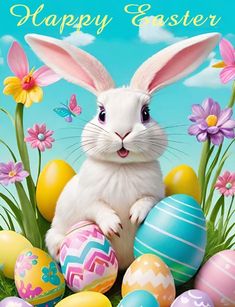 a white rabbit sitting in the grass with eggs and flowers around it, happy easter