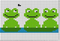 a cross stitch pattern with two green frogs in a row on top of each other