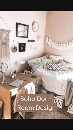 a bedroom with a bed, desk and pictures on the wall