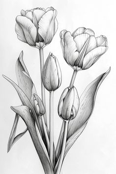 a pencil drawing of some flowers on a white background