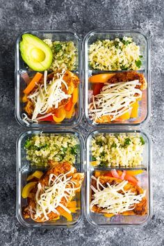 four glass containers filled with different types of food