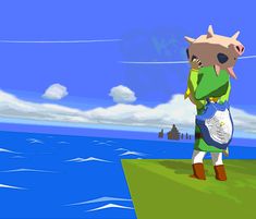 a person standing on top of a grass covered field next to the ocean with an animal mask on