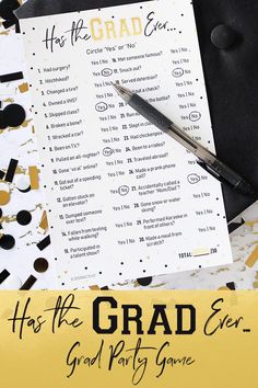 a graduation party game with black and gold confetti