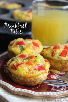 breakfast bites on a plate with a fork and glass of orange juice in the background