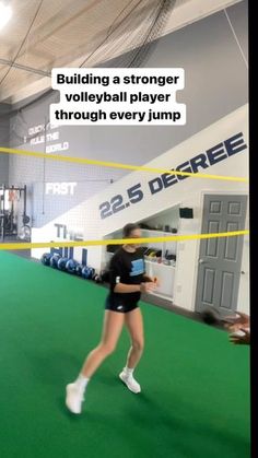 a woman running across a tennis court holding a racquet in her hand with the words building a stronger volleyball player through every jump